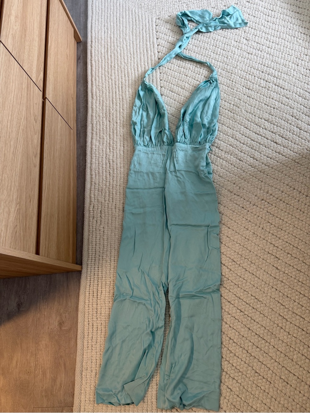 Custom Made Light Aqua Halter Plunge Jumpsuit
